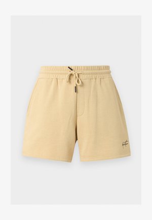 Beige casual shorts med elastisk taljebånd og snøre, sidelommer og lille sort signaturlogo på nederste højre ben.