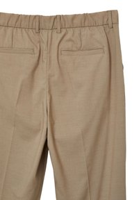 Beige Hose mit elastischem Bund, zwei Gesäßtaschen und glatter Textur. Sie zeichnet sich durch ein klassisches Design mit taillierter Passform aus.
