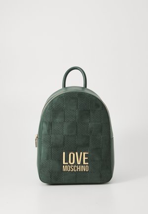 Green backpack with a checkerboard texture, gold "LOVE MOSCHINO" logo, rounded top, and a top handle. Smooth material with zipper closure.