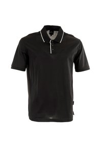 Polo shirt nero a maniche corte realizzato in tessuto morbido; presenta un colletto con bordatura bianca e una chiusura a tre bottoni. Logo discreto sul petto.