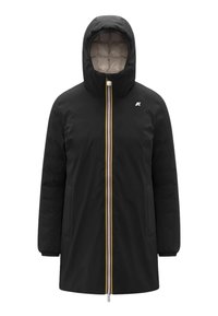 Giacca a vento imbottita nera con cappuccio e zip frontale, con fodera trapuntata beige, tasche laterali e dettaglio a cerniera a strisce colorate.