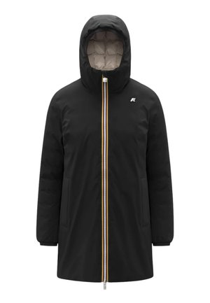 Giacca a vento imbottita nera con cappuccio e zip frontale, con fodera trapuntata beige, tasche laterali e dettaglio a cerniera a strisce colorate.