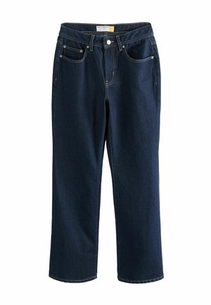 Jeans in denim blu scuro con taglio dritto, design a cinque tasche e cuciture visibili in un colore a contrasto. Vita a media altezza.