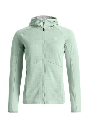 Hellgrüne Kapuzenjacke mit durchgehendem Reißverschluss, langen Ärmeln, texturiertem Stoff, Fronttaschen und einem kleinen weißen Logo auf der linken Brustseite.