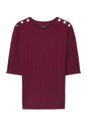 Pull en tricot bordeaux à manches courtes avec motif torsadé et six boutons argentés le long des coutures des épaules.