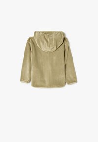 Huvtröja av mjuk fleece i olivgrön, med långa ärmar och rundad nederkant. Slät yta utan synlig hårdvara eller detaljer.