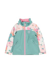 Lätt jacka med en teal-färgad kropp och ärmar med pastellblommönster, har en hög krage och rosa dragkedja. Inkluderar sidofickor.