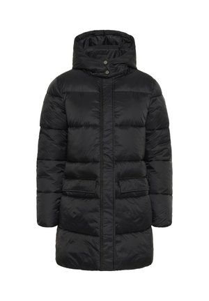 Abrigo acolchado negro con capucha, con un diseño acolchado, dos bolsillos frontales y un cierre de cremallera con botones a presión. Textura suave.
