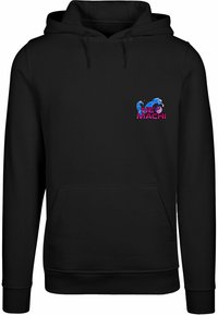 Felpa con cappuccio nera e tasca frontale. Presenta il testo "NEO MACH!" e una grafica a onde in blu e rosa nella parte superiore sinistra del petto.