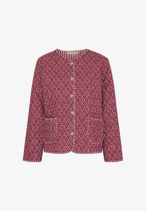 Struktureret bordeauxjakke med diamantmønster, der har runde halsudskæring, frontknapper og to klaplommer med stribet kant.