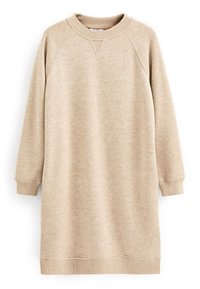 Robe-sweat beige à manches longues, avec des poignets côtelés et un col rond. Tissu doux et texturé avec une coupe décontractée et un design mi-long.