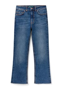 Jeans de mezclilla azul con un corte recto, diseño de cinco bolsillos, costuras en contraste y un ligero acampanado en el dobladillo. Textura suave.