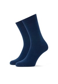 Granatowe skarpetki bawełniane o długości do połowy łydki, z prążkowanym ściągaczem i gładką fakturą. Palce i pięty są wzmocnione.