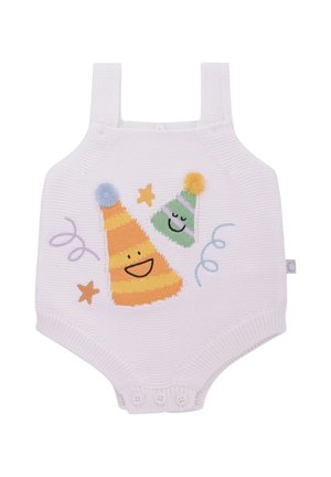 Tutina bianca lavorata a maglia per neonati con cappellini da festa arancioni e verdi sorridenti, forme a stella e dettagli di coriandoli sul davanti.
