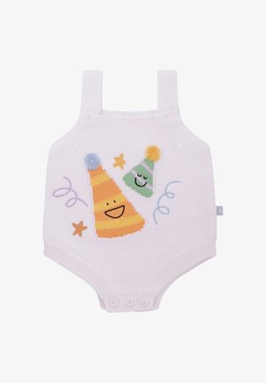 Hvid strikket babyheldragt med orange og grønne smilende festhatte, stjerneformer og konfettidetaljer foran.