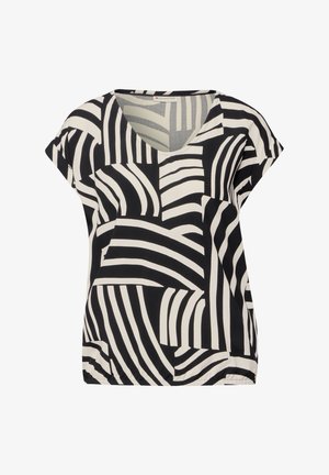 Bluzka krótko rękawowa w czarno-białym kolorze z odważnym abstrakcyjnym wzorem w paski, dekolt w serek oraz lekką tkaniną. Zauważalny luźny krój.