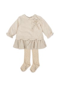 Robe en tricot beige avec un ourlet festonné, des volants à carreaux et des accents en nœud ; comprend des collants beige clair. Tissu doux et texturé pour le confort.