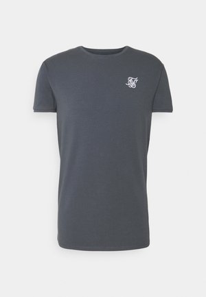 Dunkelgraues T-Shirt mit kurzen Ärmeln, rundem Halsausschnitt und kleinem weißem Sticklogo auf der oberen linken Brust.