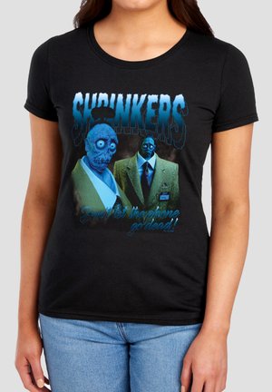 Two blue zombie-like figures in suits with "SHRINKERS" text above and "Don't let the phone go dead!" below on a black T-shirt.
