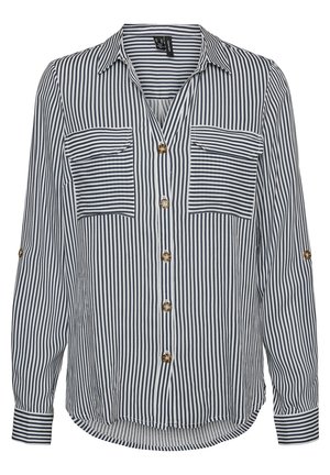 Navy and white striped blouse with a collar, long sleeves, and two chest pockets. Features button closures with round, light-colored buttons.