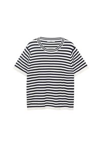 Randig t-shirt i bomull med marinblå och vita horisontella ränder, har en rund halsringning och korta ärmar. Slät textur.
