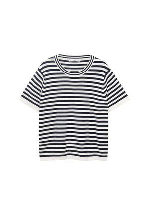 Striped t-shirt made of cotton with navy and white horizontal stripes, features a round neckline and short sleeves. Smooth texture.