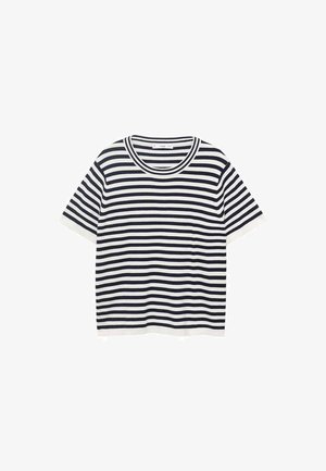 T-shirt rayé en coton avec des rayures horizontales bleu marine et blanches, avec un col rond et des manches courtes. Texture lisse.