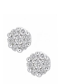 Hõbedased kõrvarõngad, mis esitavad ümmarguste, selgete kristallide klastrit lillemotiiviga, millel on poleeritud, peegeldav pind ja ümarad servad.