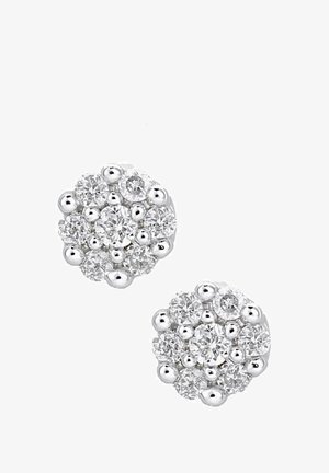 Sidabriniai auskarai su apvalių, skaidrių kristalų klasteriu, sudarančiu gėlių dizainą, turintys poliruotą, atspindinčią paviršių ir suapvalintais kraštais.