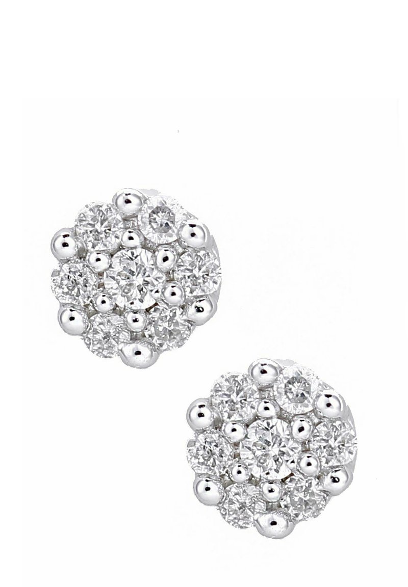 Hõbedased kõrvarõngad, mis esitavad ümmarguste, selgete kristallide klastrit lillemotiiviga, millel on poleeritud, peegeldav pind ja ümarad servad.