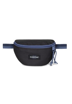 Sac banane en tissu noir avec zip et accents bleus, au design arrondi, avec une sangle réglable et un badge logo Eastpak.