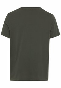 Mørkegrøn kortærmet t-shirt med rund hals. Lavet af blødt stof med en glat tekstur. Enkel design uden mønstre eller dekorationer.