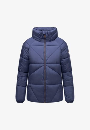 Chaqueta acolchada azul marino con cuello alto, costuras diagonales, cremallera frontal y puños elásticos. Textura suave con secciones acolchadas.