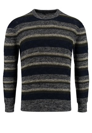 Sweter dzianinowy z poziomymi paskami w kolorze granatowym, zielonym i jasnoszarym, z okrągłym dekoltem oraz ściągaczami przy mankietach i u dołu. Tekstura jest nieco luźna.