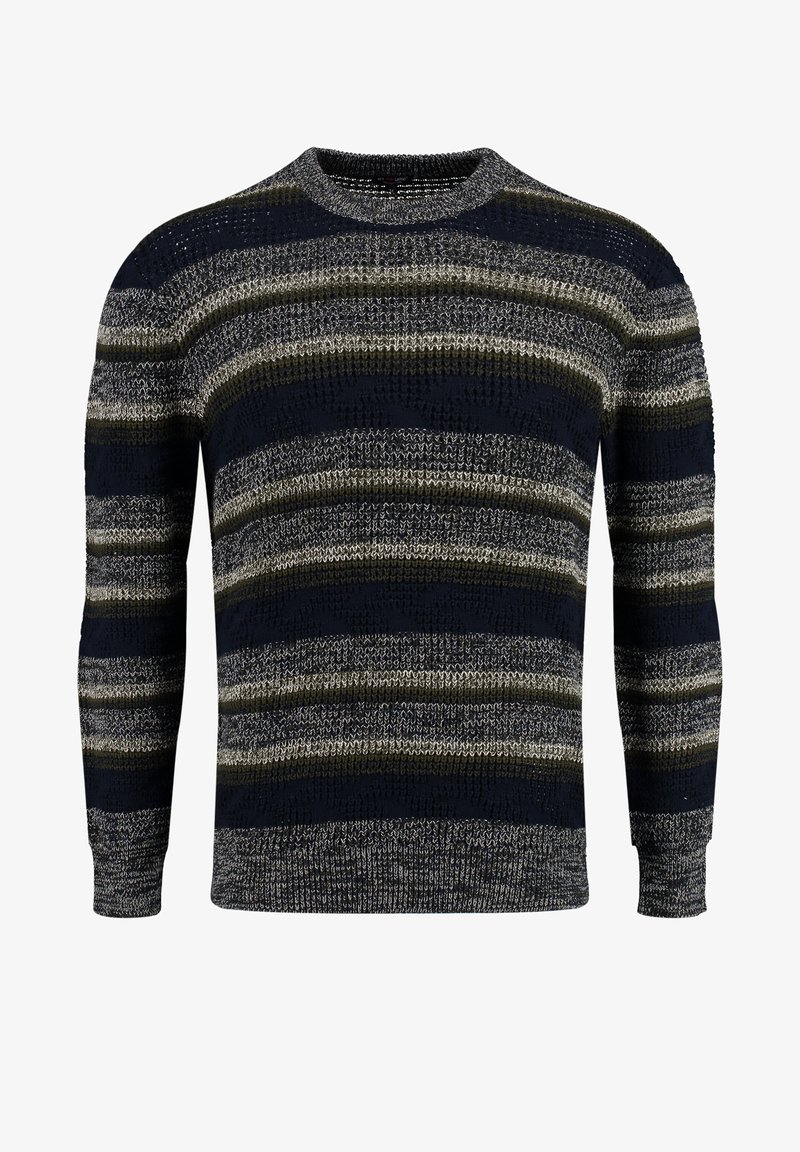 Neulepusero, jossa on tummansinisiä, vihreitä ja vaaleanharmaita vaakasuoria raitoja, pyöreä kaula-aukko sekä joustavat hihansuut ja helma. Tekstuuri on hieman väljä.