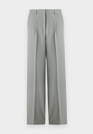 Light gray wide-leg trousers made from smooth fabric, featuring a high waist, creased front, and two back pockets with belt loops.