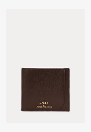 Portofel maro texturat din piele bifold cu logo Polo Ralph Lauren aurit, embossat în colțul din dreapta jos al părții din față.