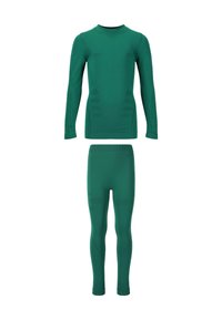 Grön idrottsbaslager-set som innehåller en långärmad topp och helängdsleggings, tillverkat av slät, stretchig tyg med texturerade detaljer.