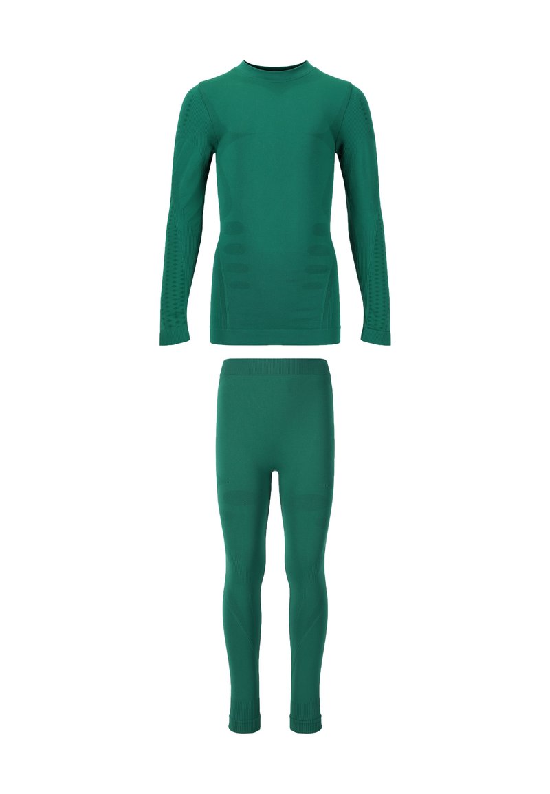 Grön idrottsbaslager-set som innehåller en långärmad topp och helängdsleggings, tillverkat av slät, stretchig tyg med texturerade detaljer.