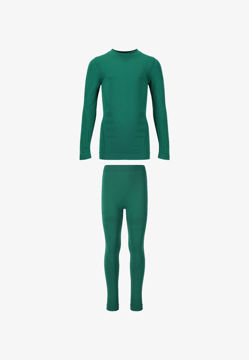 Grön idrottsbaslager-set som innehåller en långärmad topp och helängdsleggings, tillverkat av slät, stretchig tyg med texturerade detaljer.