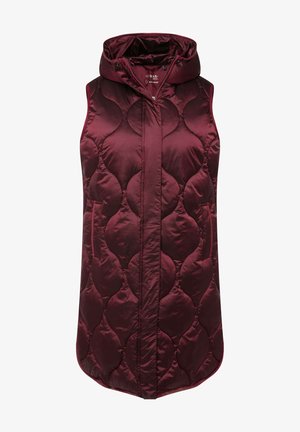 Burgundský prošívaný vesta s kapucí, s kruhovými vzory, předním zipem a bočními kapsami. Hladký, lesklý materiál s delším střihem.