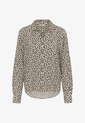 Bluza cu mâneci lungi și nasturi, cu model de leopard bej și negru și guler ascuțit, croită cu tiv ușor curbat.