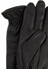 Ein Paar schwarze Lederrhandschuhe mit sichtbaren Nähten und elastischem Handgelenkdetail für einen engen Sitz.