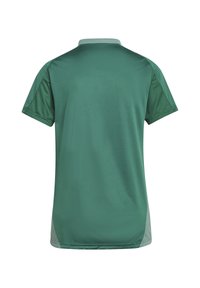 Polo shirt verde a maniche corte realizzato in un tessuto liscio e traspirante. Presenta un colletto e accenti laterali in un grigio chiaro a contrasto.
