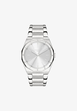 Sølv rustfrit stål ur med et oktagonal urkasse, minimalistisk urskive og kædearmbånd. Har timemarkører og en poleret finish.
