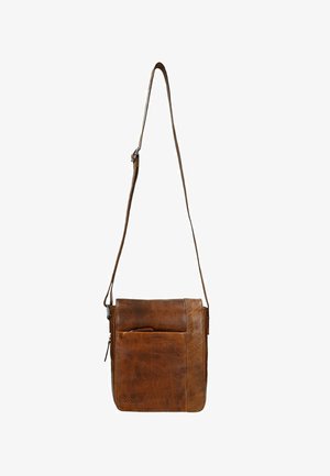 Brown leather crossbody bag with an adjustable strap, front zippered pocket, smooth texture, and minimalist design.