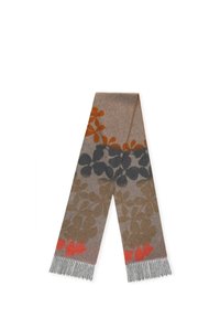 Sciarpa in lana con un motivo floreale in tonalità di marrone, grigio e arancione, con estremità frangiate e una texture liscia.