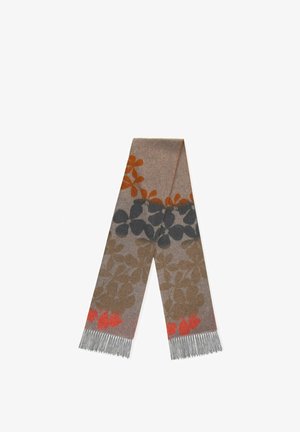 Sciarpa in lana con un motivo floreale in tonalità di marrone, grigio e arancione, con estremità frangiate e una texture liscia.
