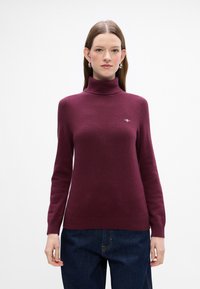 Burgunderfarbener Rollkragenpullover aus weichem Stoff mit langen Ärmeln, der ein kleines Logo auf der Brust und einen schmalen Bündchenabschluss hat.