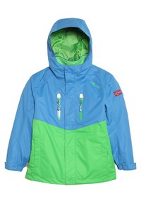 Giacca impermeabile con parte superiore blu e parte inferiore verde, dotata di cappuccio, due tasche con zip e un accento della bandiera norvegese sul manica.